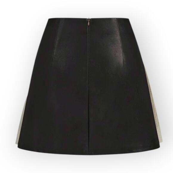 Commense LeatherPleated Mini Skirt Black Linen Gold Button S - Parisian Chic - Picture 3 of 8